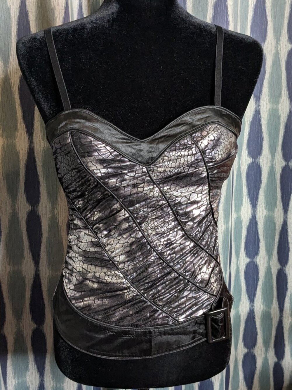 Entry Metallic Snake Print Corset Top Black Silver Bustier Faux Leather